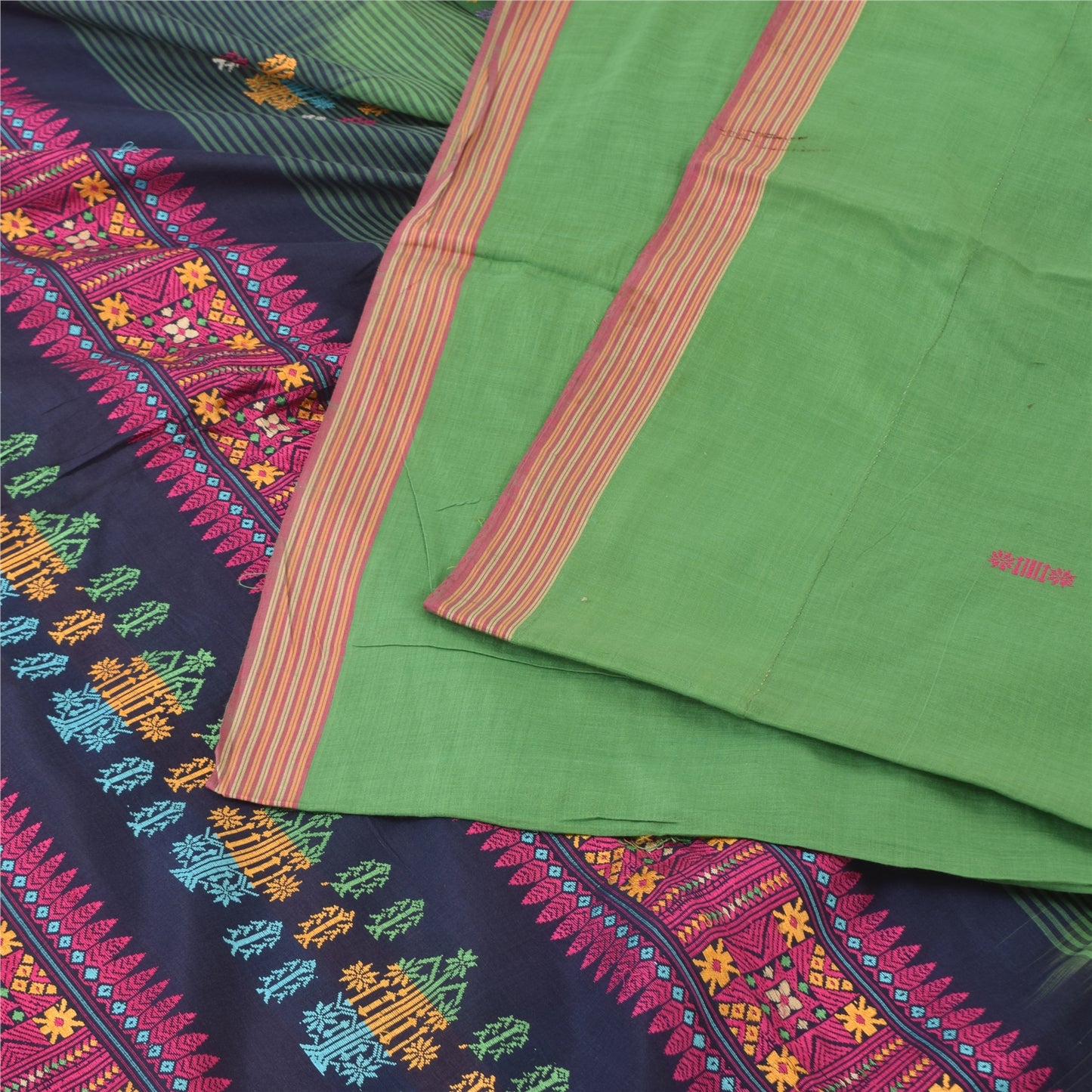 Sanskriti Vintage Dark Blue/Green Sarees Pure Cotton Woven Premium Sari Sustainable Fabric
