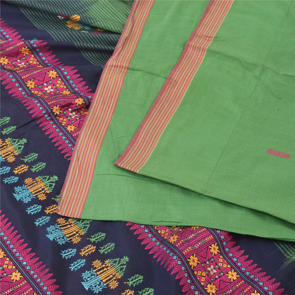 Sanskriti Vintage Dark Blue/Green Sarees Pure Cotton Woven Premium Sari Sustainable Fabric