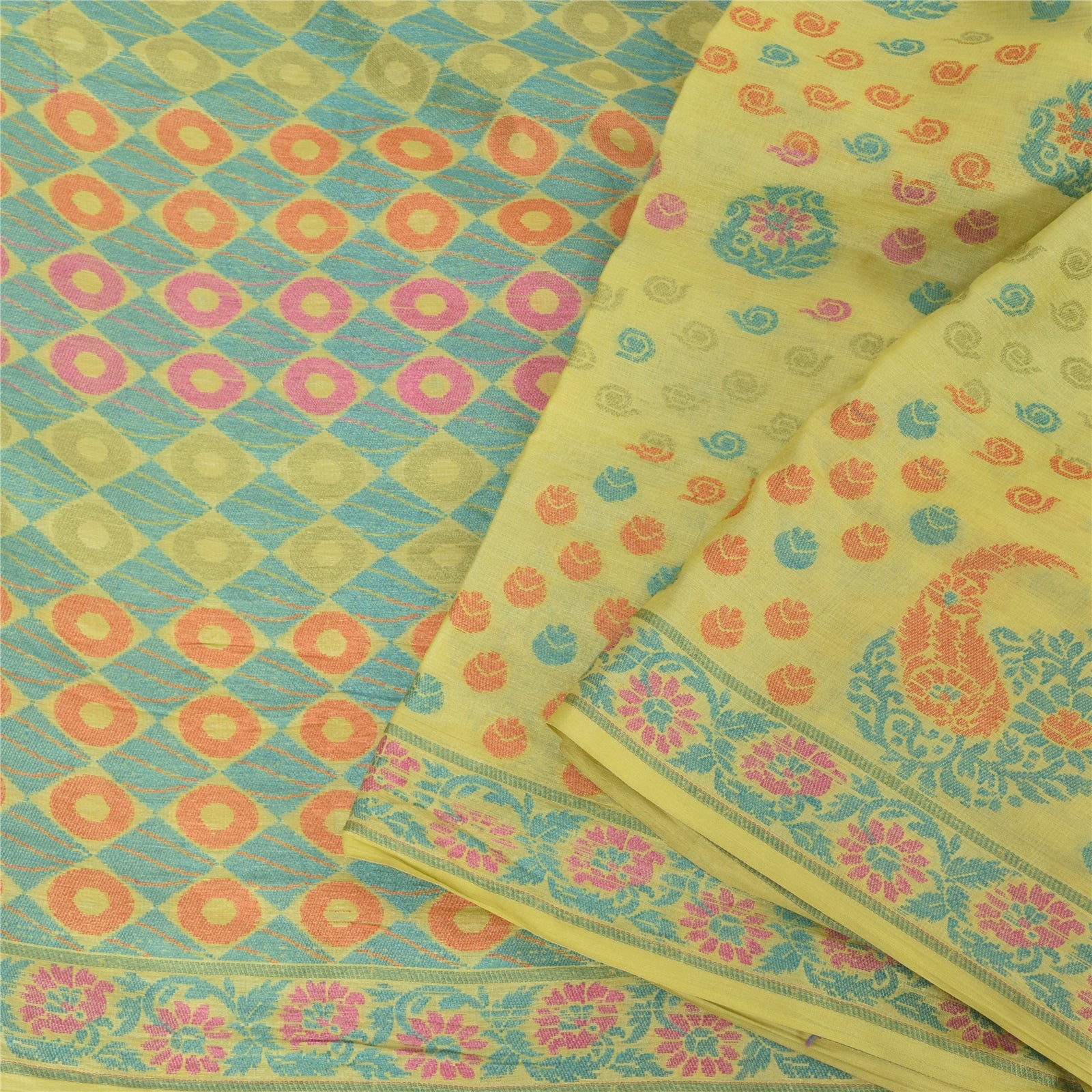Sanskriti Vintage Yellow Sarees Pure Silk Hand Woven Premium Sari Craft Sustainable Fabric