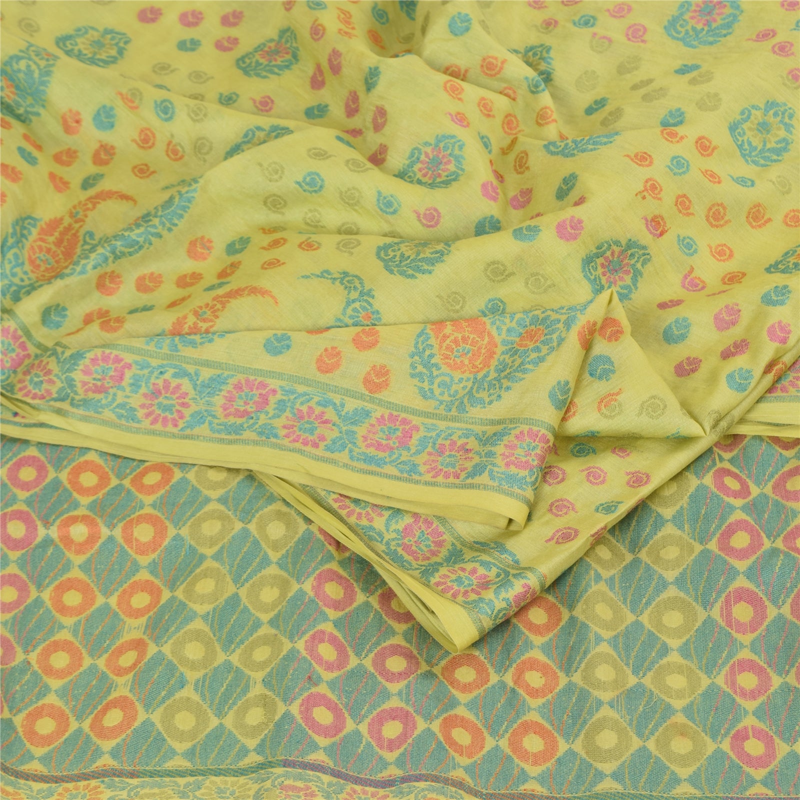 Sanskriti Vintage Yellow Sarees Pure Silk Hand Woven Premium Sari Craft Sustainable Fabric