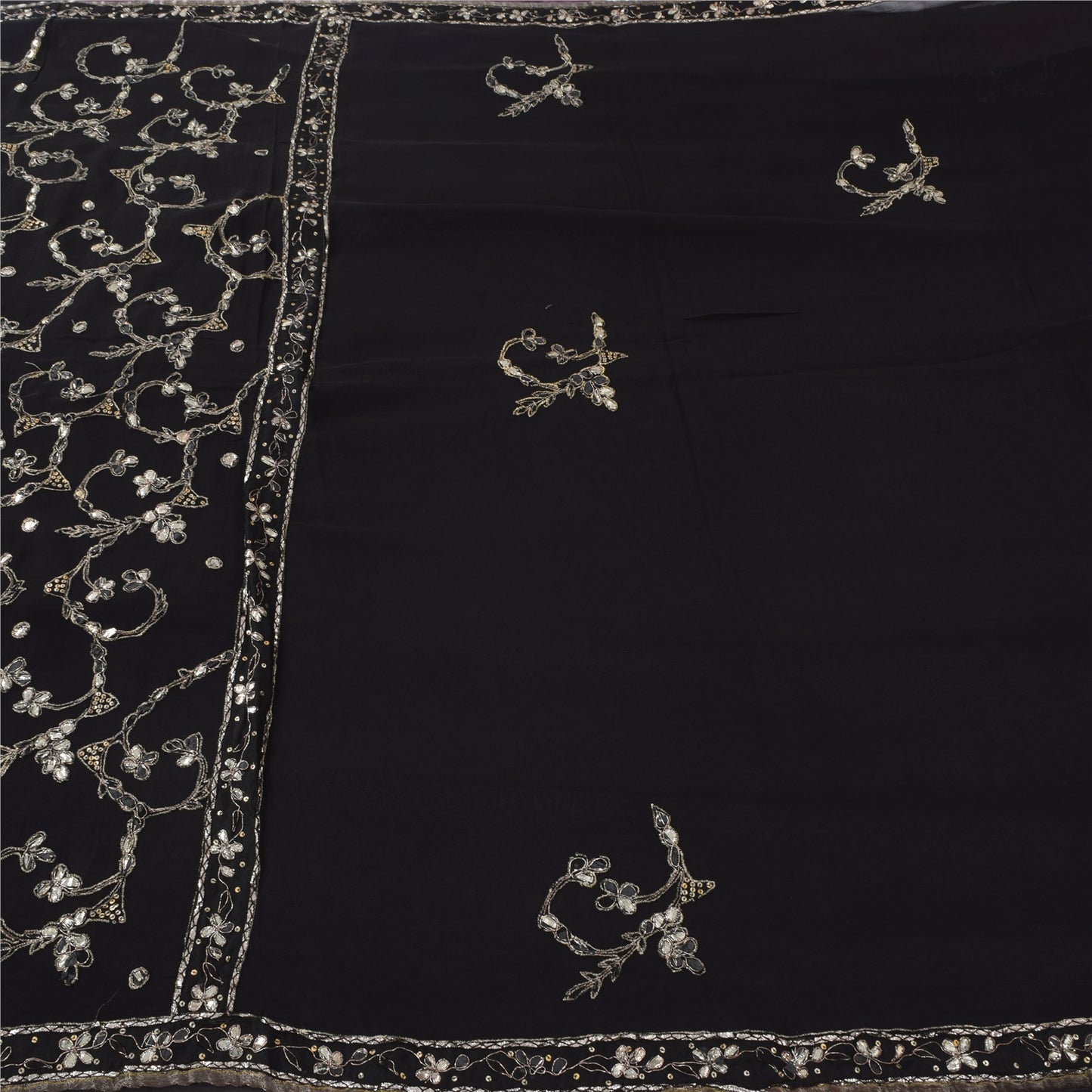 Sanskriti Vintage Black Sarees Pure Georgette Hand Beaded Gota Patti Sari Sustainable Fabric