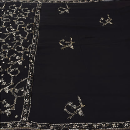 Sanskriti Vintage Black Sarees Pure Georgette Hand Beaded Gota Patti Sari Sustainable Fabric