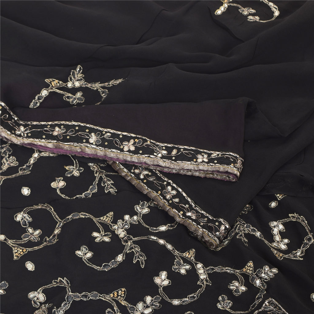 Sanskriti Vintage Black Sarees Pure Georgette Hand Beaded Gota Patti Sari Sustainable Fabric