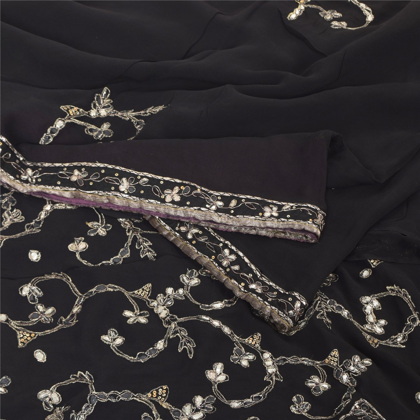 Sanskriti Vintage Black Sarees Pure Georgette Hand Beaded Gota Patti Sari Sustainable Fabric