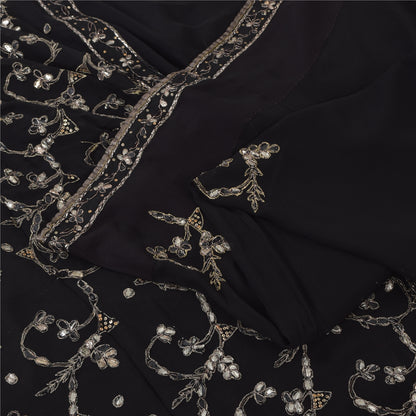 Sanskriti Vintage Black Sarees Pure Georgette Hand Beaded Gota Patti Sari Sustainable Fabric