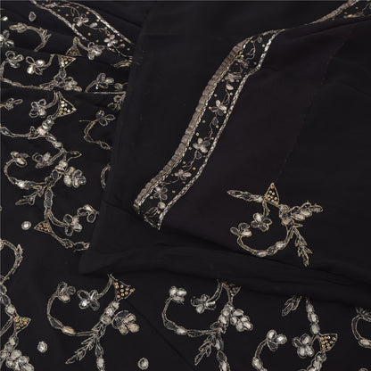 Sanskriti Vintage Black Sarees Pure Georgette Hand Beaded Gota Patti Sari Sustainable Fabric