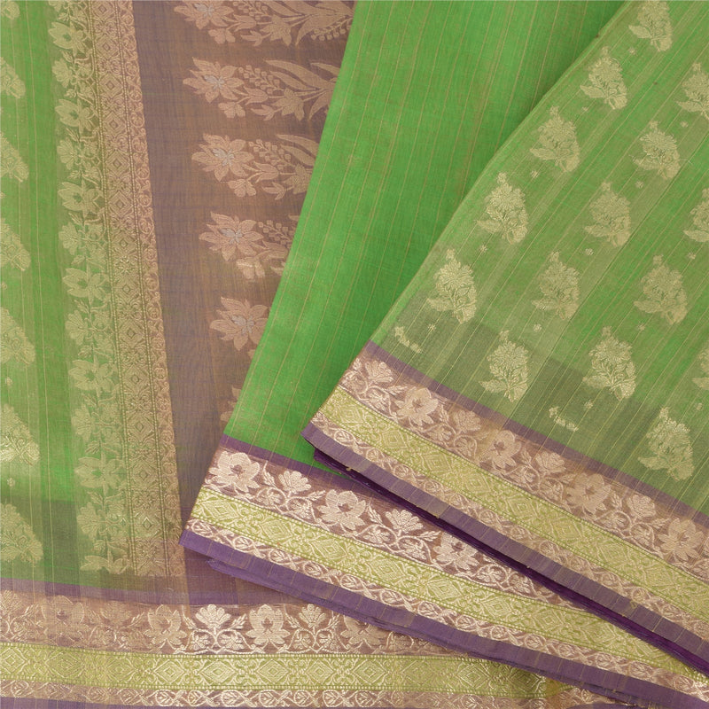 Sanskriti Vintage Green/Brown Sarees Pure Silk Woven Premium Sari Craft Sustainable Fabric