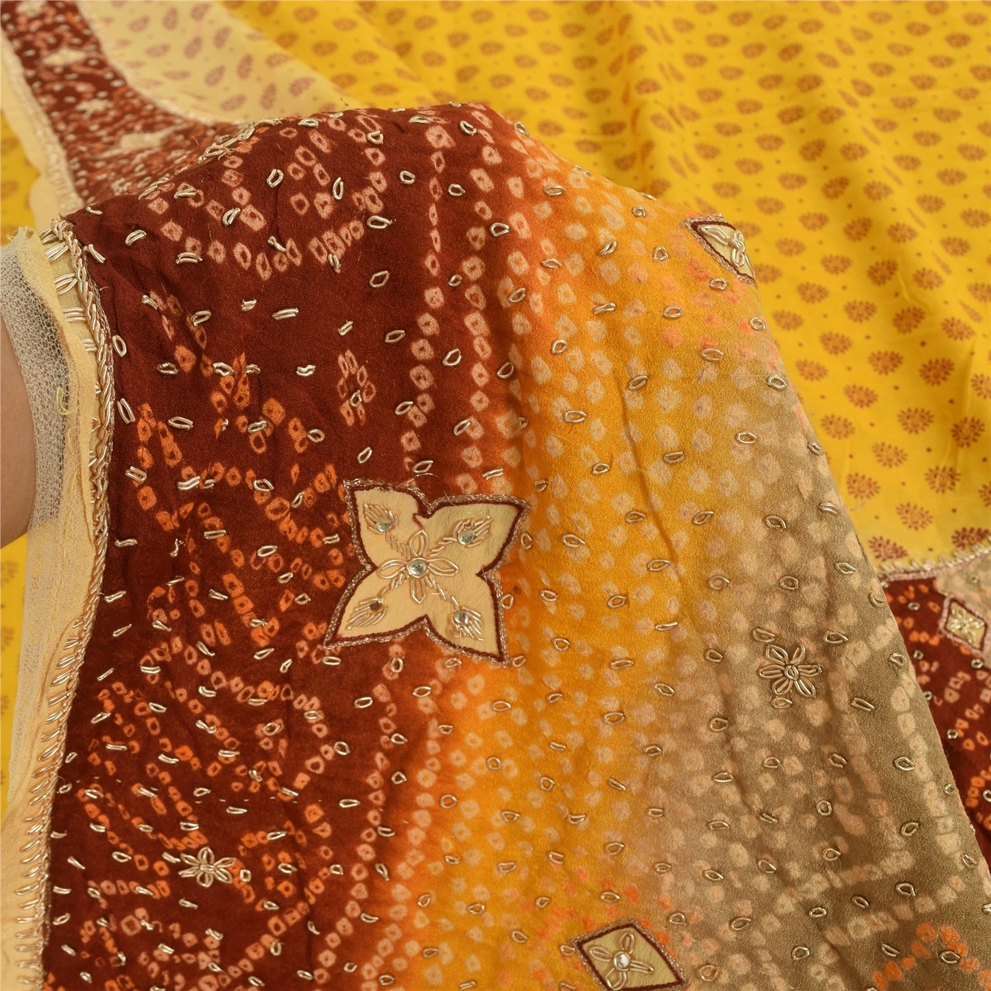 Sanskriti Vintage Yellow Sarees Pure Crepe Hand Beaded Bandhani Sari 5+yd Sustainable Fabric