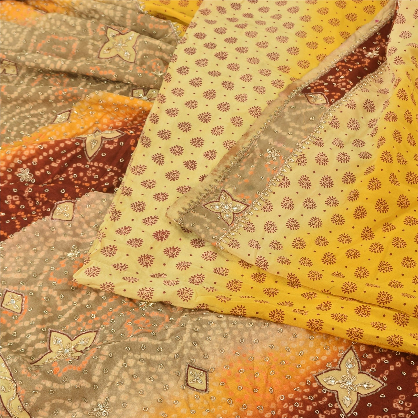 Sanskriti Vintage Yellow Sarees Pure Crepe Hand Beaded Bandhani Sari 5+yd Sustainable Fabric