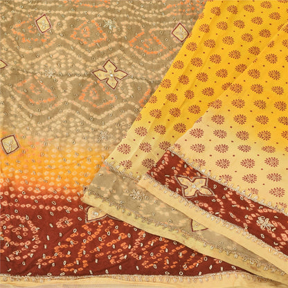 Sanskriti Vintage Yellow Sarees Pure Crepe Hand Beaded Bandhani Sari 5+yd Sustainable Fabric