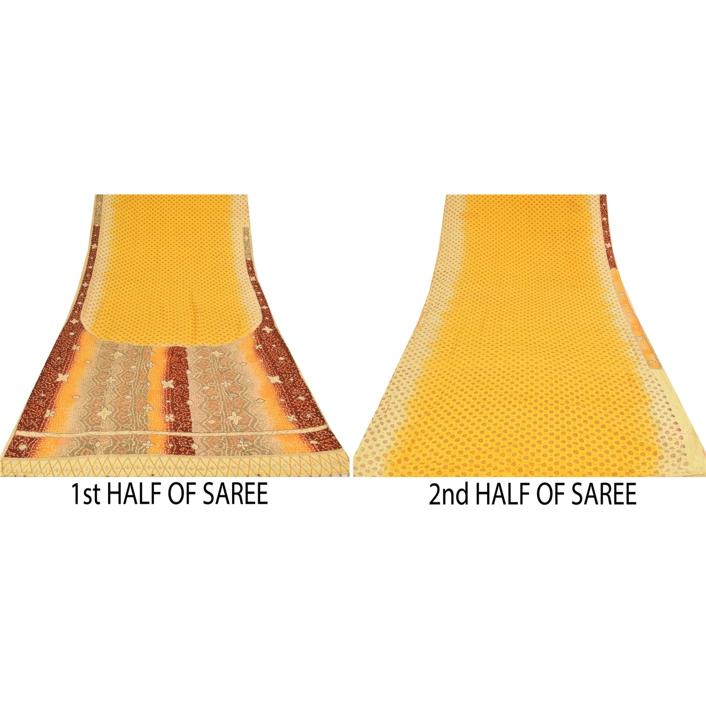 Sanskriti Vintage Yellow Sarees Pure Crepe Hand Beaded Bandhani Sari 5+yd Sustainable Fabric