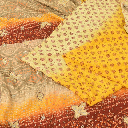 Sanskriti Vintage Yellow Sarees Pure Crepe Hand Beaded Bandhani Sari 5+yd Sustainable Fabric