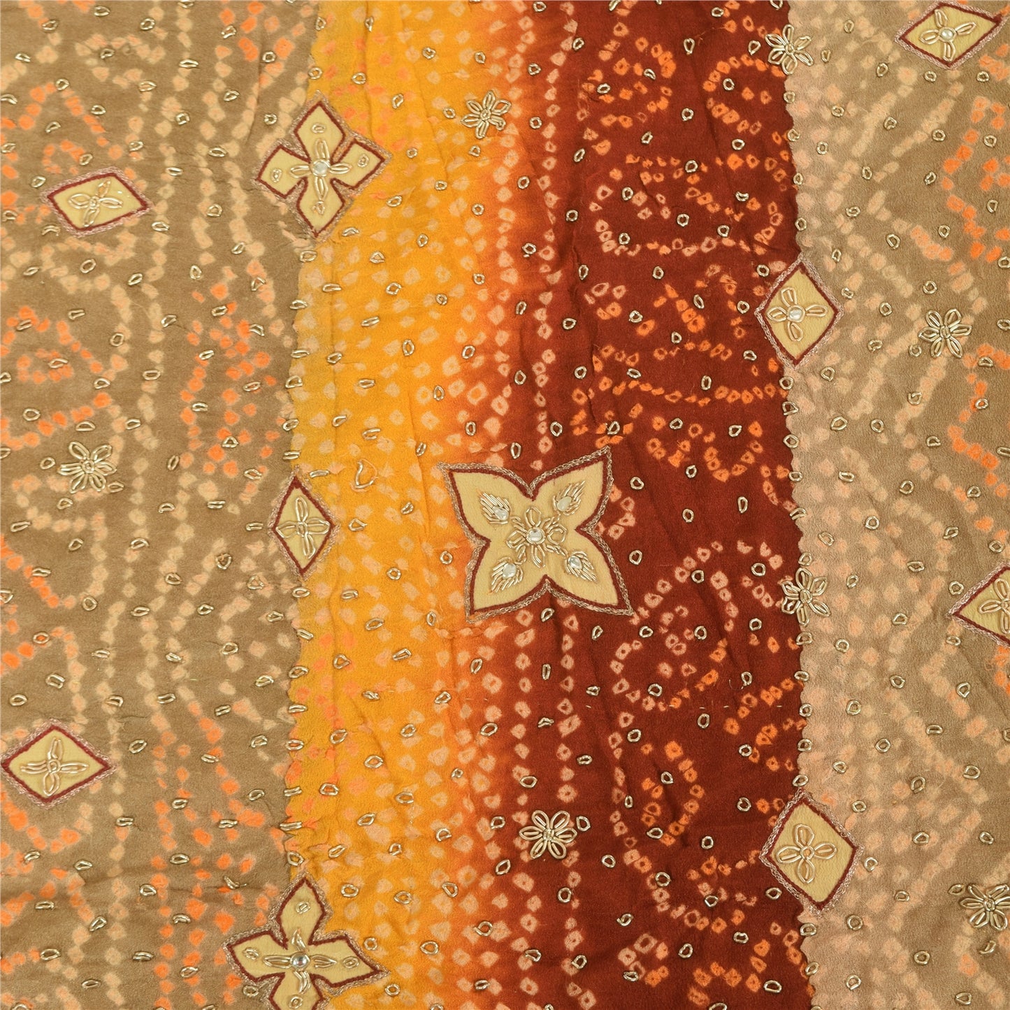 Sanskriti Vintage Yellow Sarees Pure Crepe Hand Beaded Bandhani Sari 5+yd Sustainable Fabric