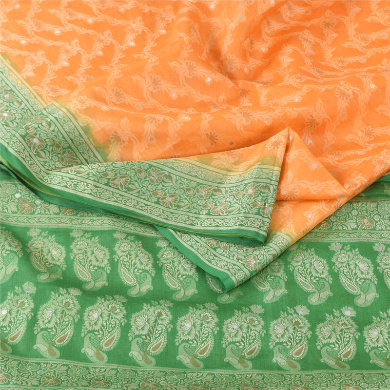 Сари Sanskriti Vintage Green/Orange из чистого шелка, тканая ткань премиум-класса для сари из экологически чистой ткани