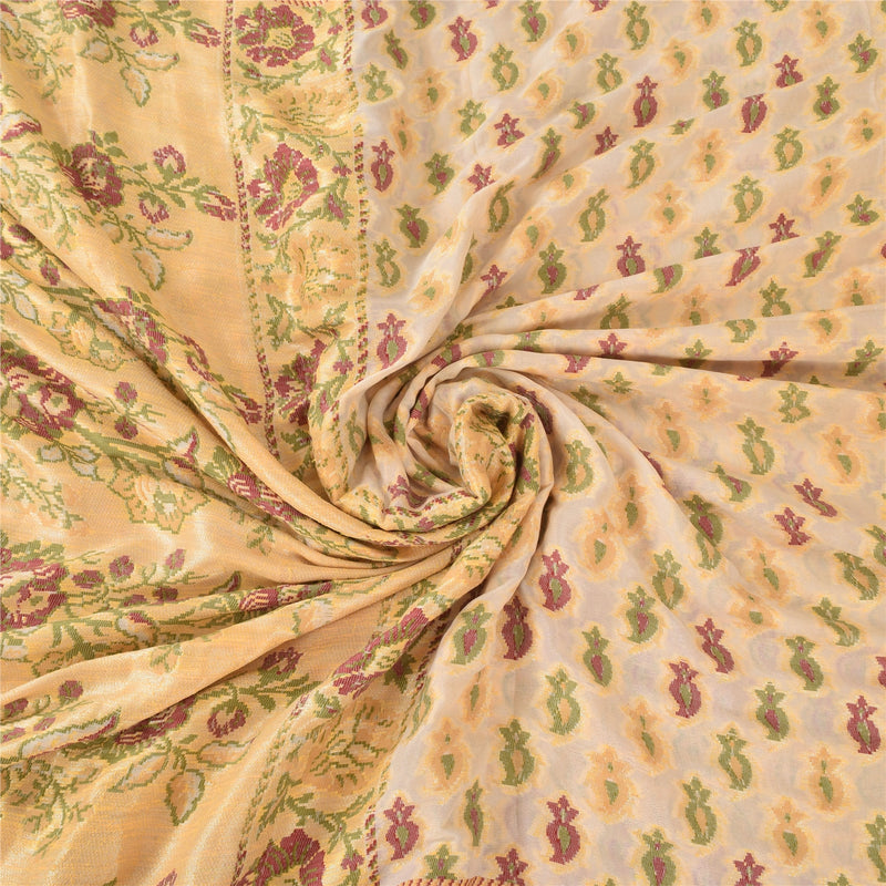 Сари Sanskriti Vintage Sarees Cream/Pink Hand Fabric Sari из чистого шелка 5+ ярдов Craft Sustainable Fabric