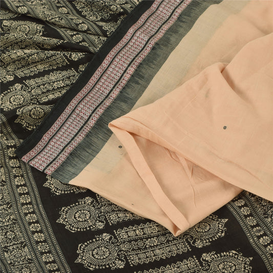 Sanskriti Vintage Black/Cream Sarees Pure Cotton Hand Embroidery Sari 5yd Sustainable Fabric