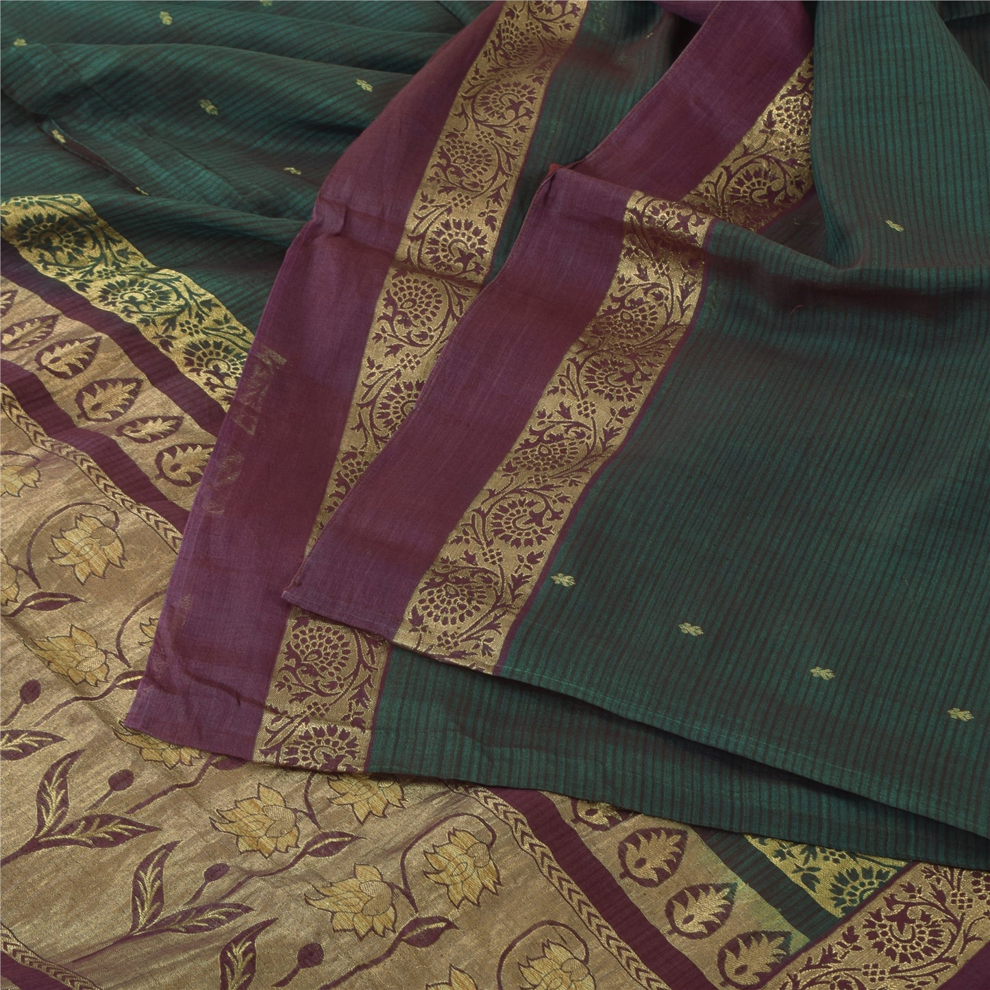 Sanskriti Vintage Dark Green/Purple Sarees Pure Silk Woven Premium Sari Sustainable Fabric