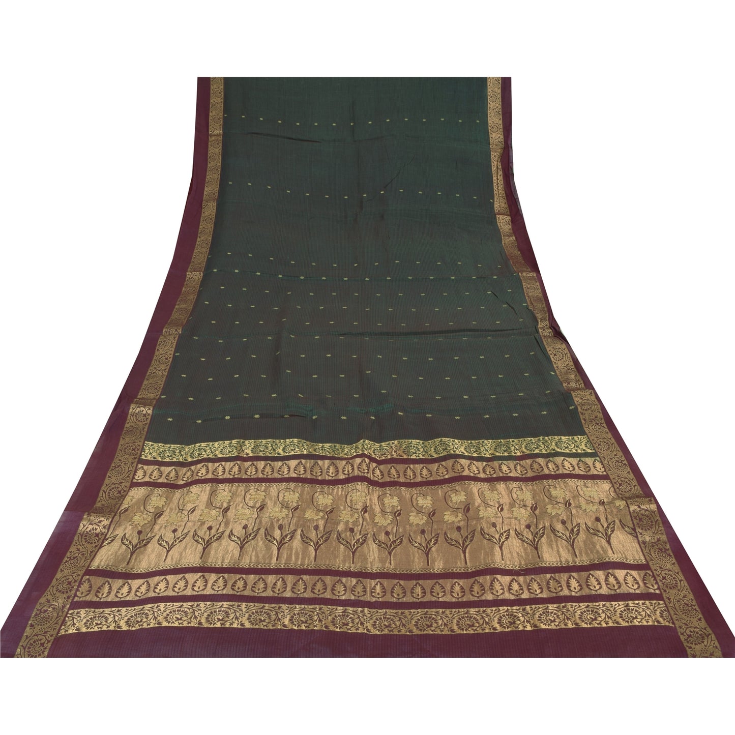 Sanskriti Vintage Dark Green/Purple Sarees Pure Silk Woven Premium Sari Sustainable Fabric
