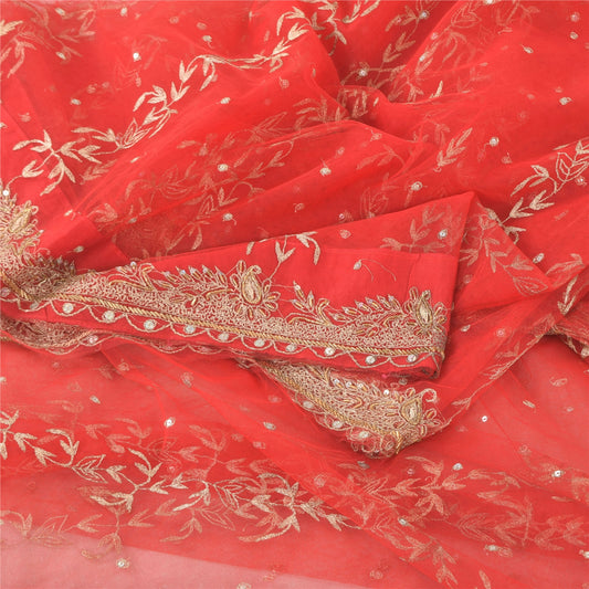 Sanskriti Vintage Red Sarees Net Mesh Hand Beaded Premium Sari 6yd Craft Sustainable Fabric