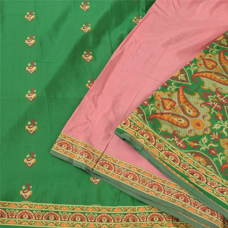 Sanskriti Vintage Peach/Green Sarees Pure Silk Hand Woven Ethnic Sari 5yd Sustainable Fabric