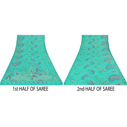 Sanskriti Vintage Indian Cyan Sarees Pure Silk Woven Ethnic Sari 5ydCraft Sustainable Fabric
