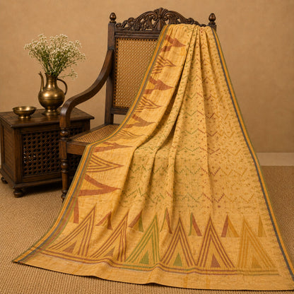 Sanskriti Vintage Tant Jacquared Woven Saree Pure Silk Beige Sari Craft Fabric