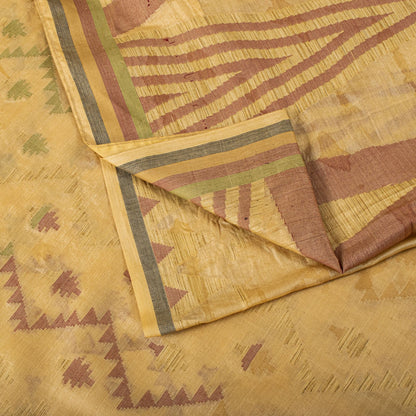 Sanskriti Vintage Tant Jacquared Woven Saree Pure Silk Beige Sari Craft Fabric