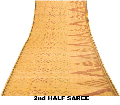 Sanskriti Vintage Tant Jacquared Woven Saree Pure Silk Beige Sari Craft Fabric