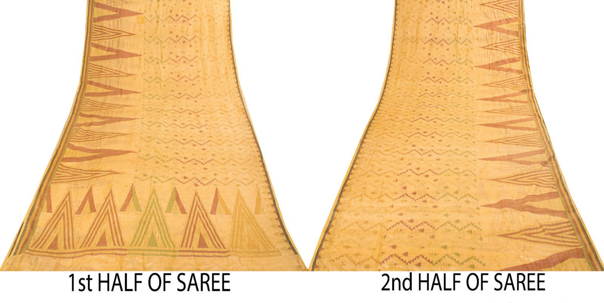 Sanskriti Vintage Tant Jacquared Woven Saree Pure Silk Beige Sari Craft Fabric