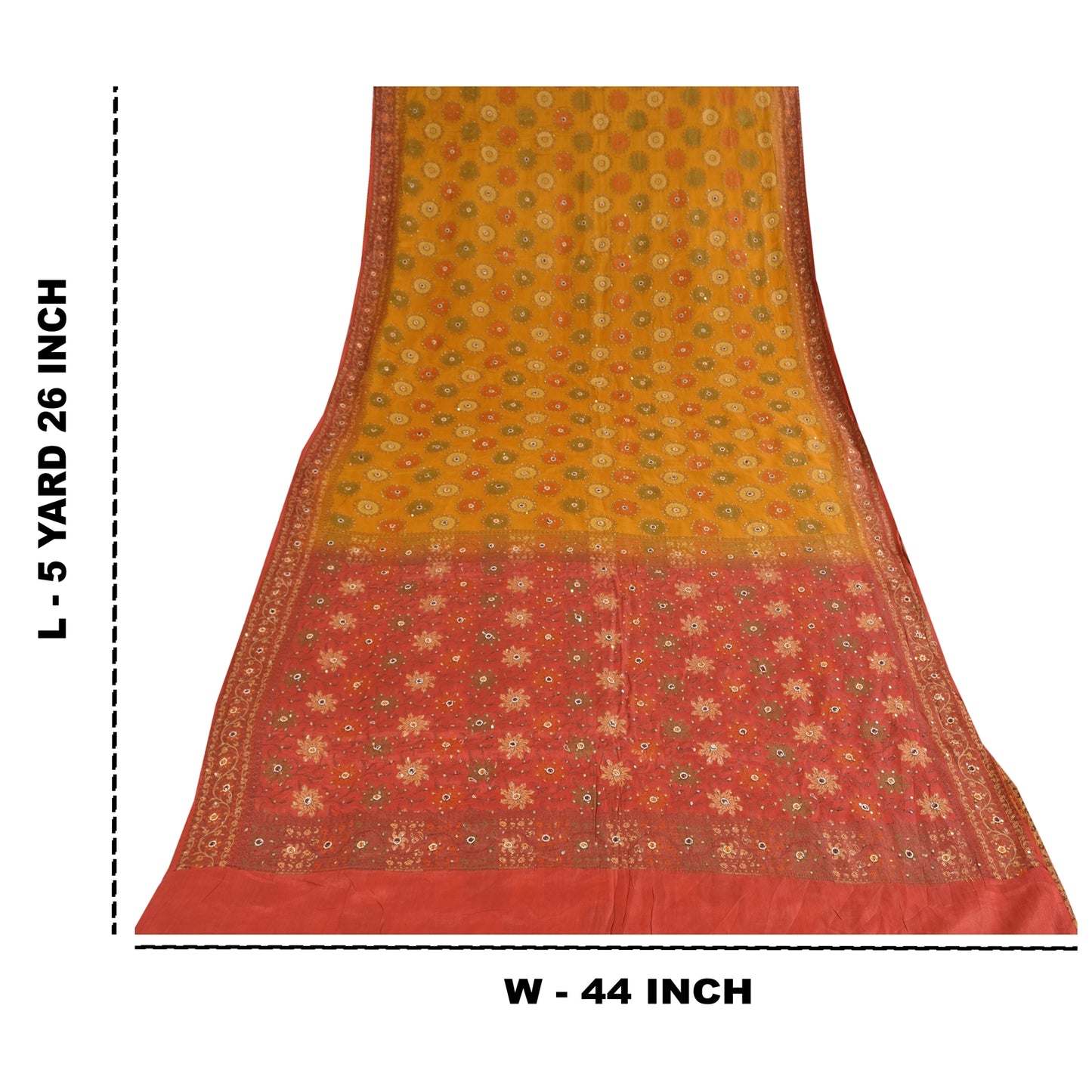 Sanskriti Vintage Red & Yellow Sarees Pure Hand Beaded Sari 5+yd Craft Fabric