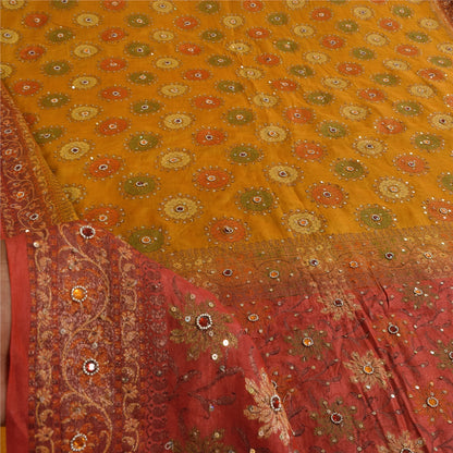 Sanskriti Vintage Red & Yellow Sarees Pure Hand Beaded Sari 5+yd Craft Fabric