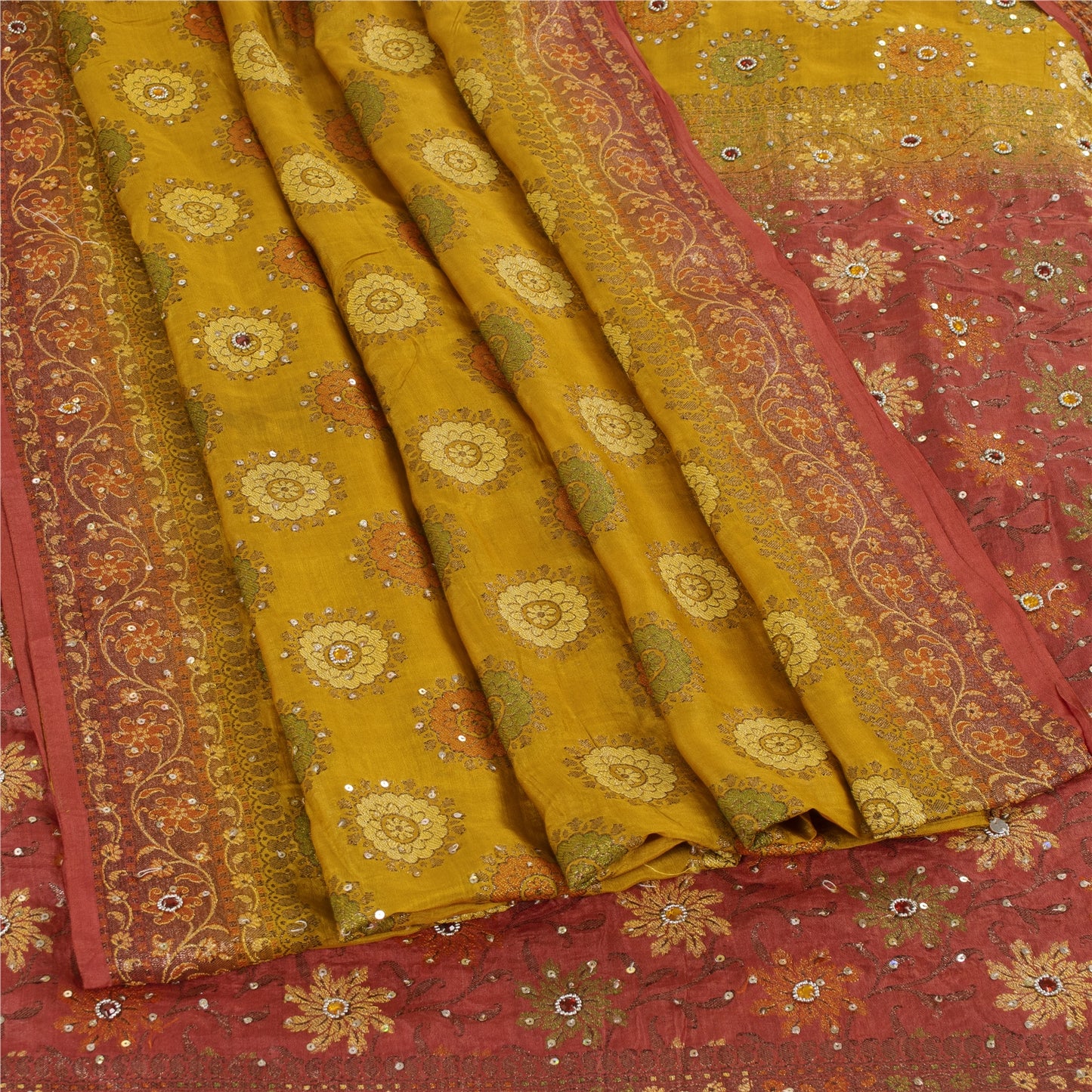 Sanskriti Vintage Red & Yellow Sarees Pure Hand Beaded Sari 5+yd Craft Fabric