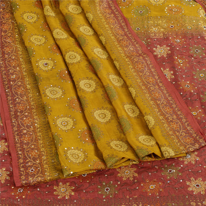 Sanskriti Vintage Red & Yellow Sarees Pure Hand Beaded Sari 5+yd Craft Fabric