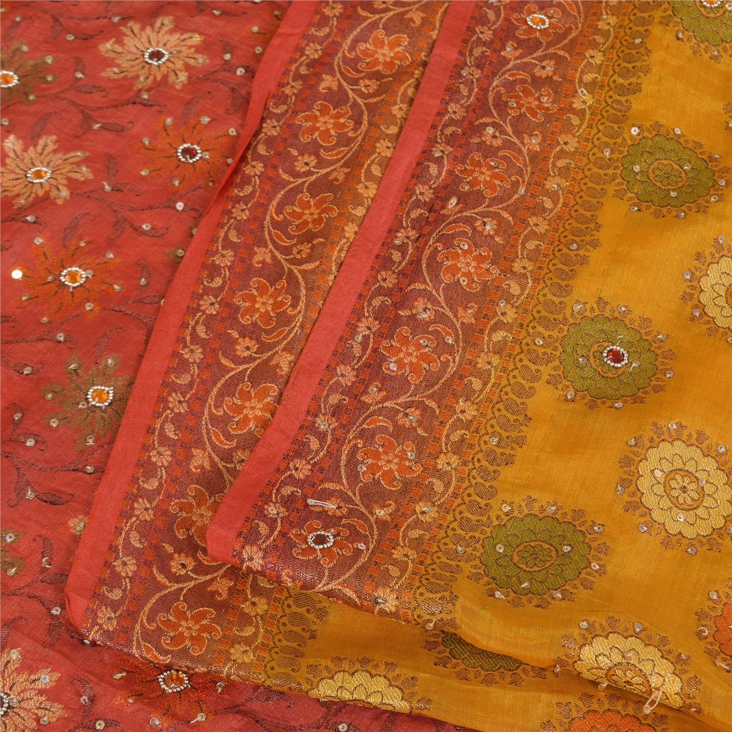 Sanskriti Vintage Red & Yellow Sarees Pure Hand Beaded Sari 5+yd Craft Fabric