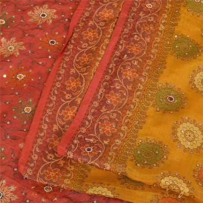 Sanskriti Vintage Red & Yellow Sarees Pure Hand Beaded Sari 5+yd Craft Fabric