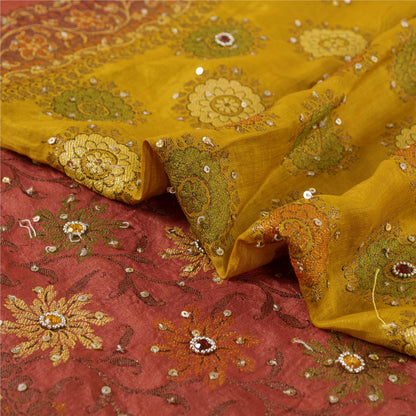 Sanskriti Vintage Red & Yellow Sarees Pure Hand Beaded Sari 5+yd Craft Fabric