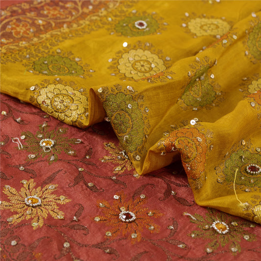 Sanskriti Vintage Red & Yellow Sarees Pure Hand Beaded Sari 5+yd Craft Fabric