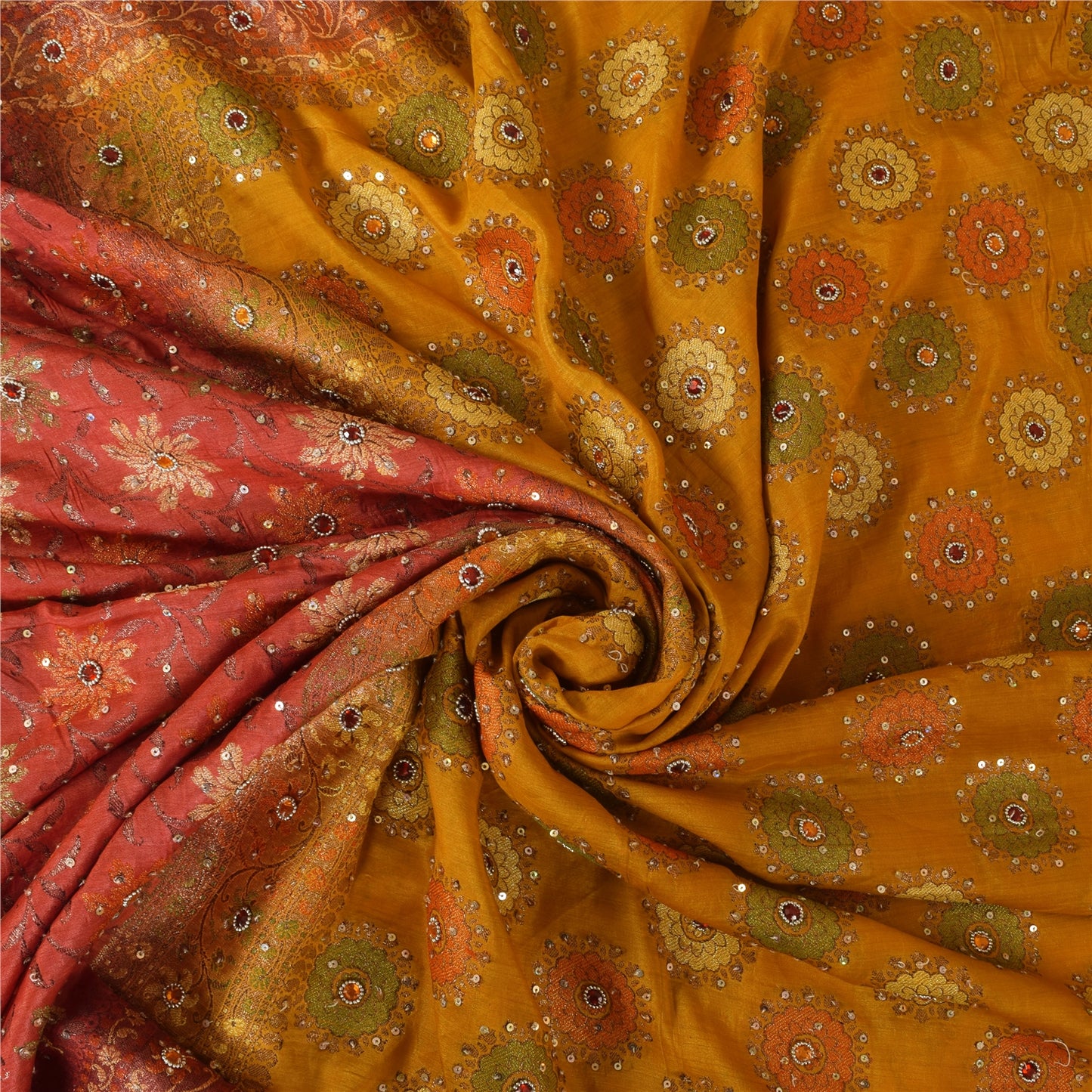 Sanskriti Vintage Red & Yellow Sarees Pure Hand Beaded Sari 5+yd Craft Fabric