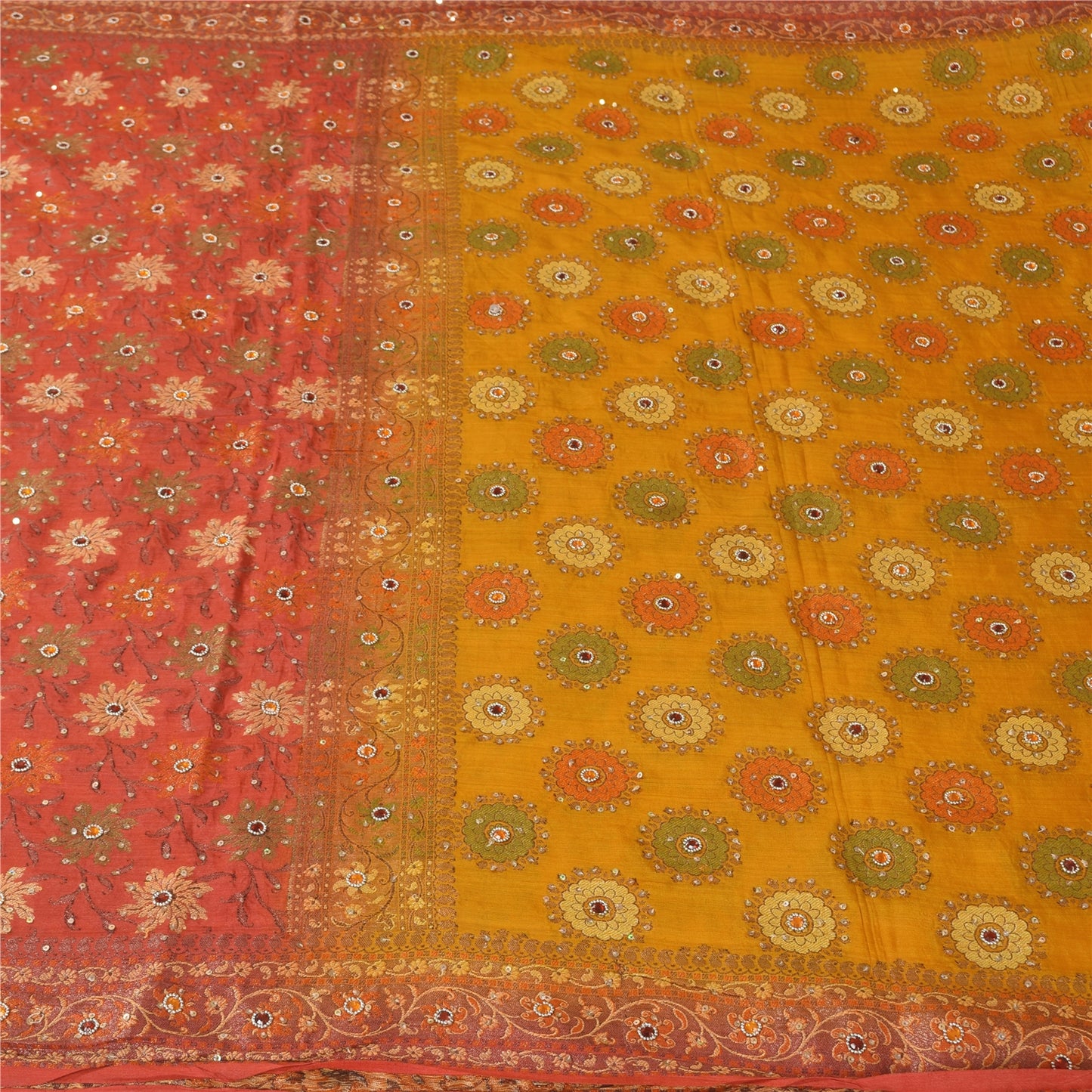 Sanskriti Vintage Red & Yellow Sarees Pure Hand Beaded Sari 5+yd Craft Fabric