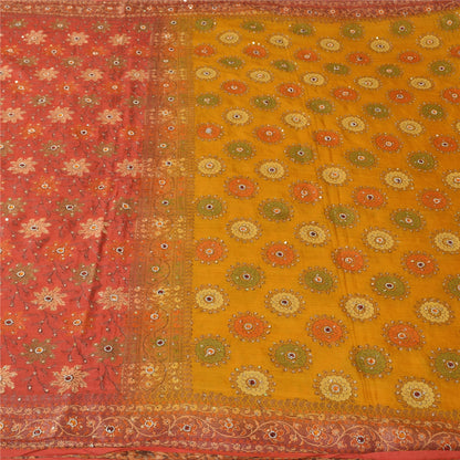 Sanskriti Vintage Red & Yellow Sarees Pure Hand Beaded Sari 5+yd Craft Fabric