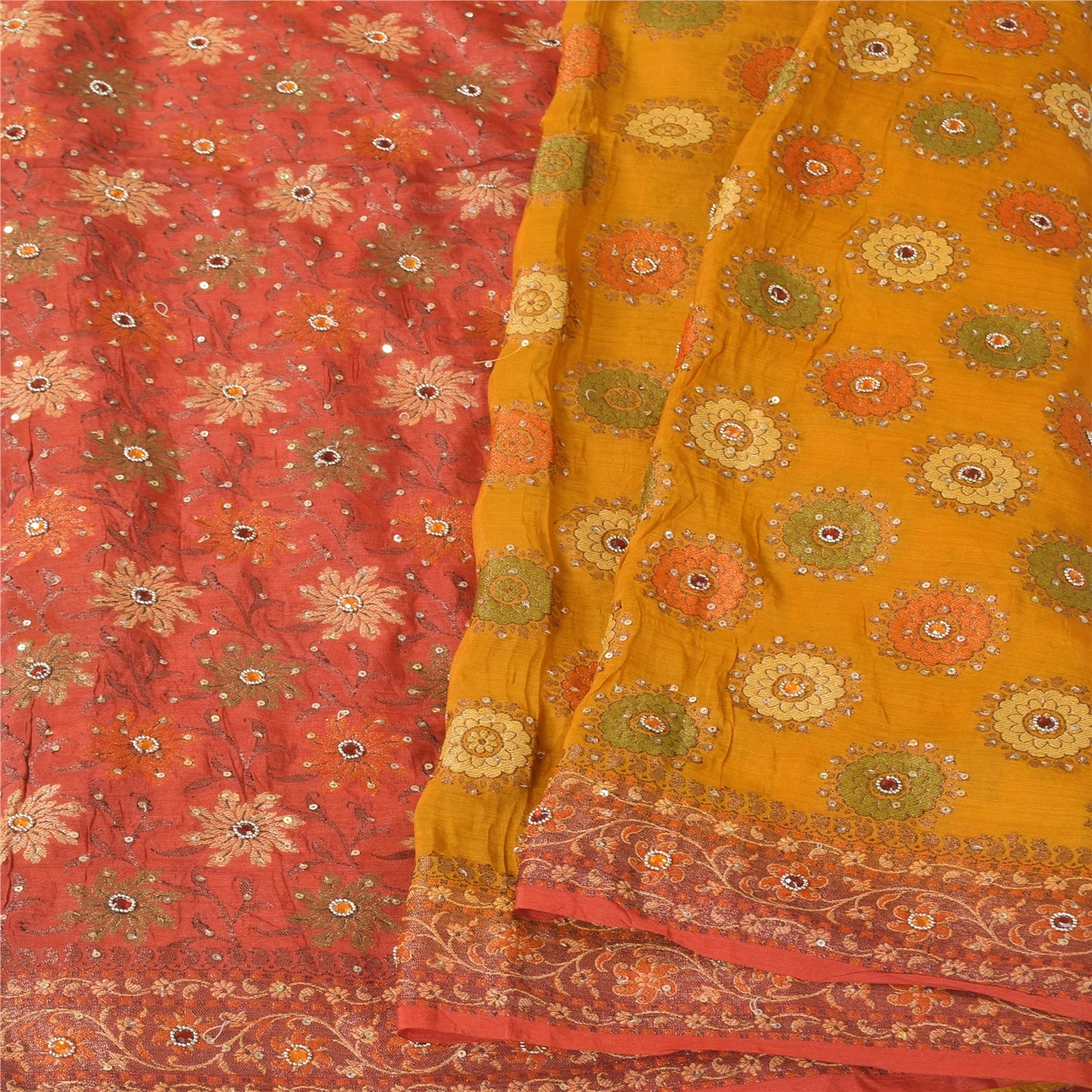 Sanskriti Vintage Red & Yellow Sarees Pure Hand Beaded Sari 5+yd Craft Fabric