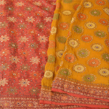 Sanskriti Vintage Red & Yellow Sarees Pure Hand Beaded Sari 5+yd Craft Fabric