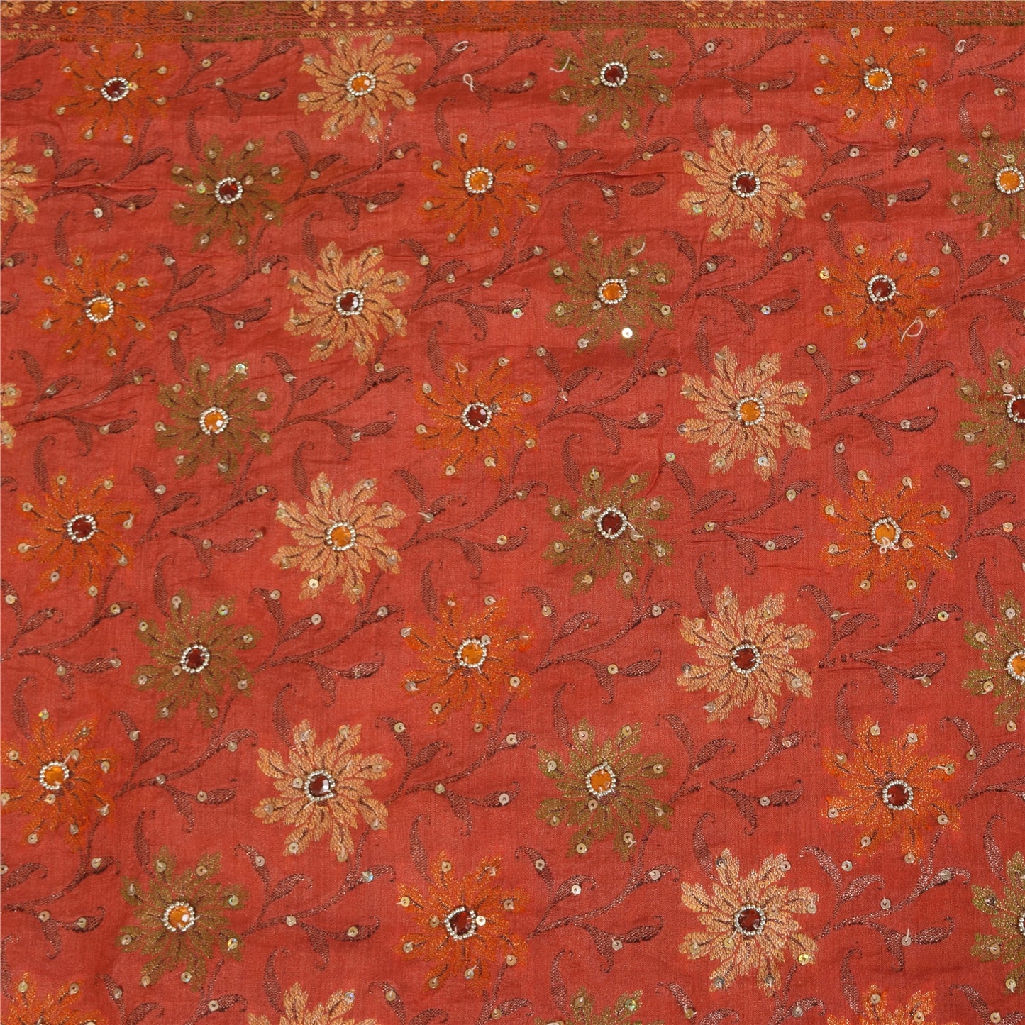 Sanskriti Vintage Red & Yellow Sarees Pure Hand Beaded Sari 5+yd Craft Fabric