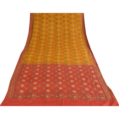Sanskriti Vintage Red & Yellow Sarees Pure Hand Beaded Sari 5+yd Craft Fabric