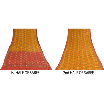 Sanskriti Vintage Red & Yellow Sarees Pure Hand Beaded Sari 5+yd Craft Fabric