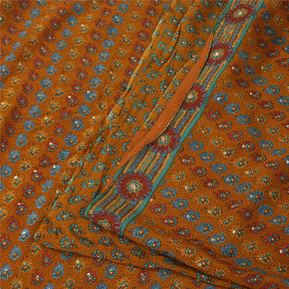 Санскритские винтажные желтые сари из чистого крепа с ручной вышивкой, 6 ярдов, ткань для рукоделия, устойчивая к истиранию