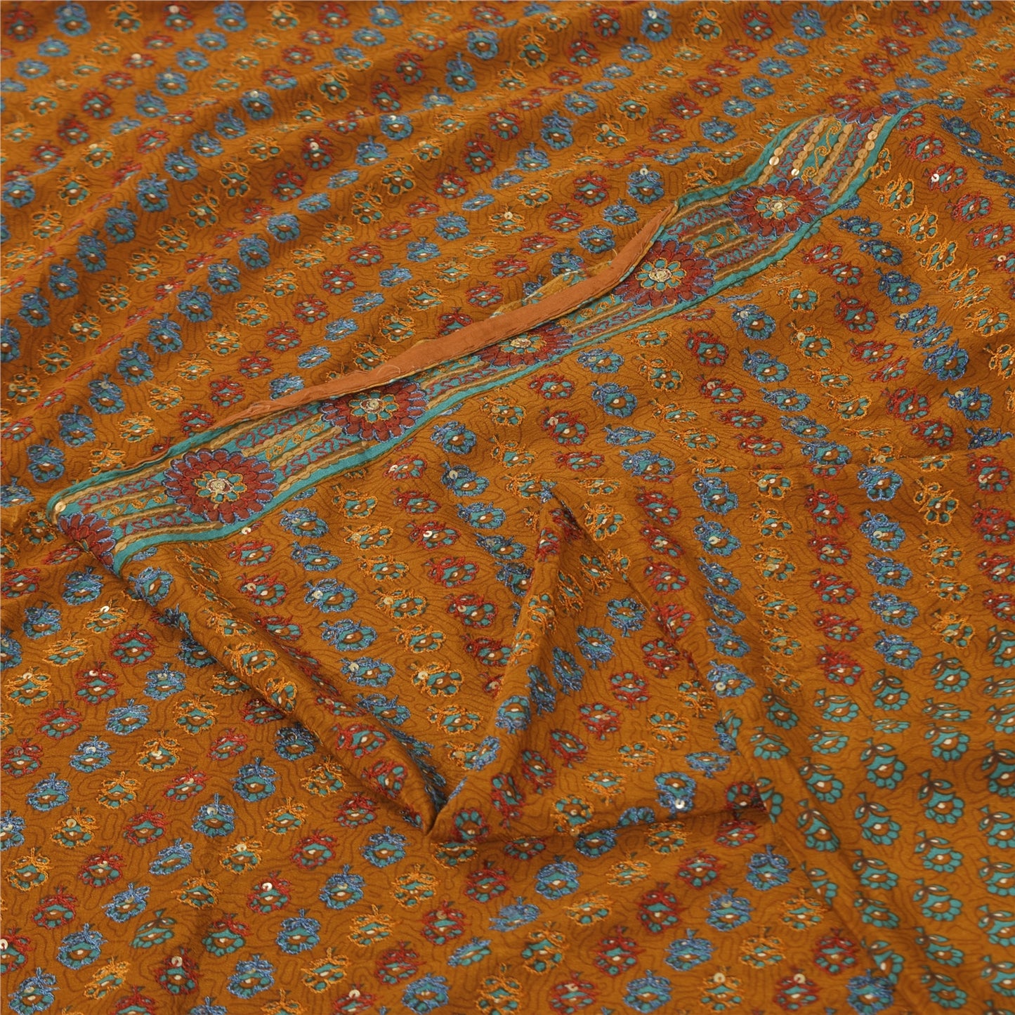 Санскритские винтажные желтые сари из чистого крепа с ручной вышивкой, 6 ярдов, ткань для рукоделия, устойчивая к истиранию