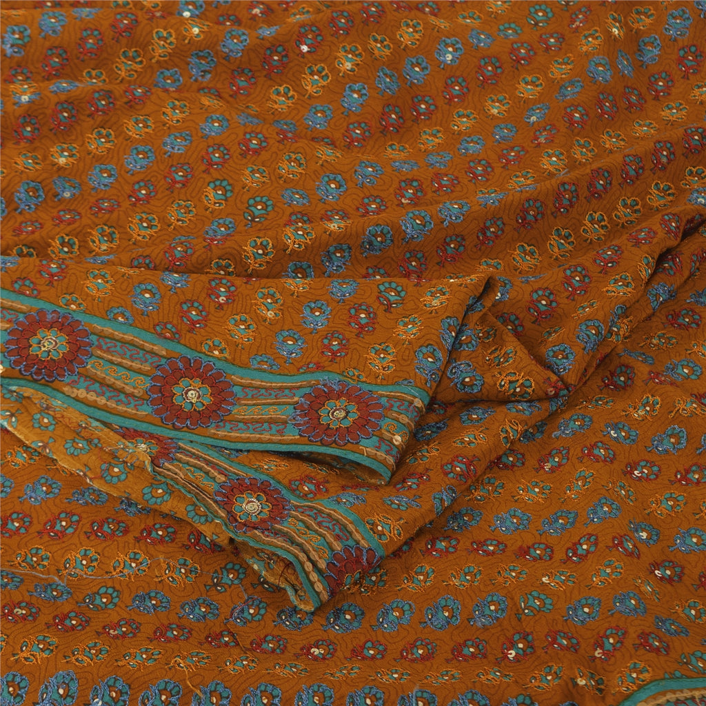 Санскритские винтажные желтые сари из чистого крепа с ручной вышивкой, 6 ярдов, ткань для рукоделия, устойчивая к истиранию