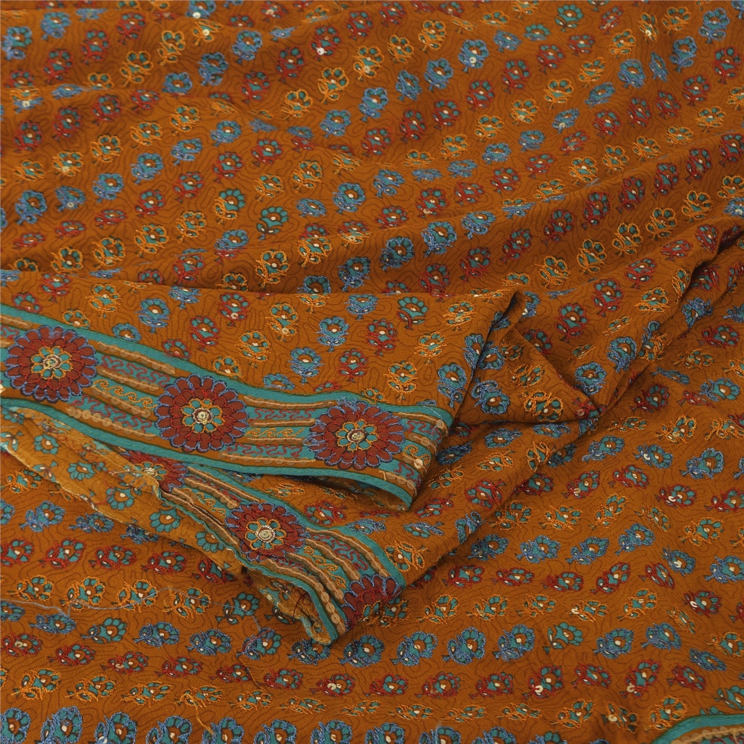 Санскритские винтажные желтые сари из чистого крепа с ручной вышивкой, 6 ярдов, ткань для рукоделия, устойчивая к истиранию