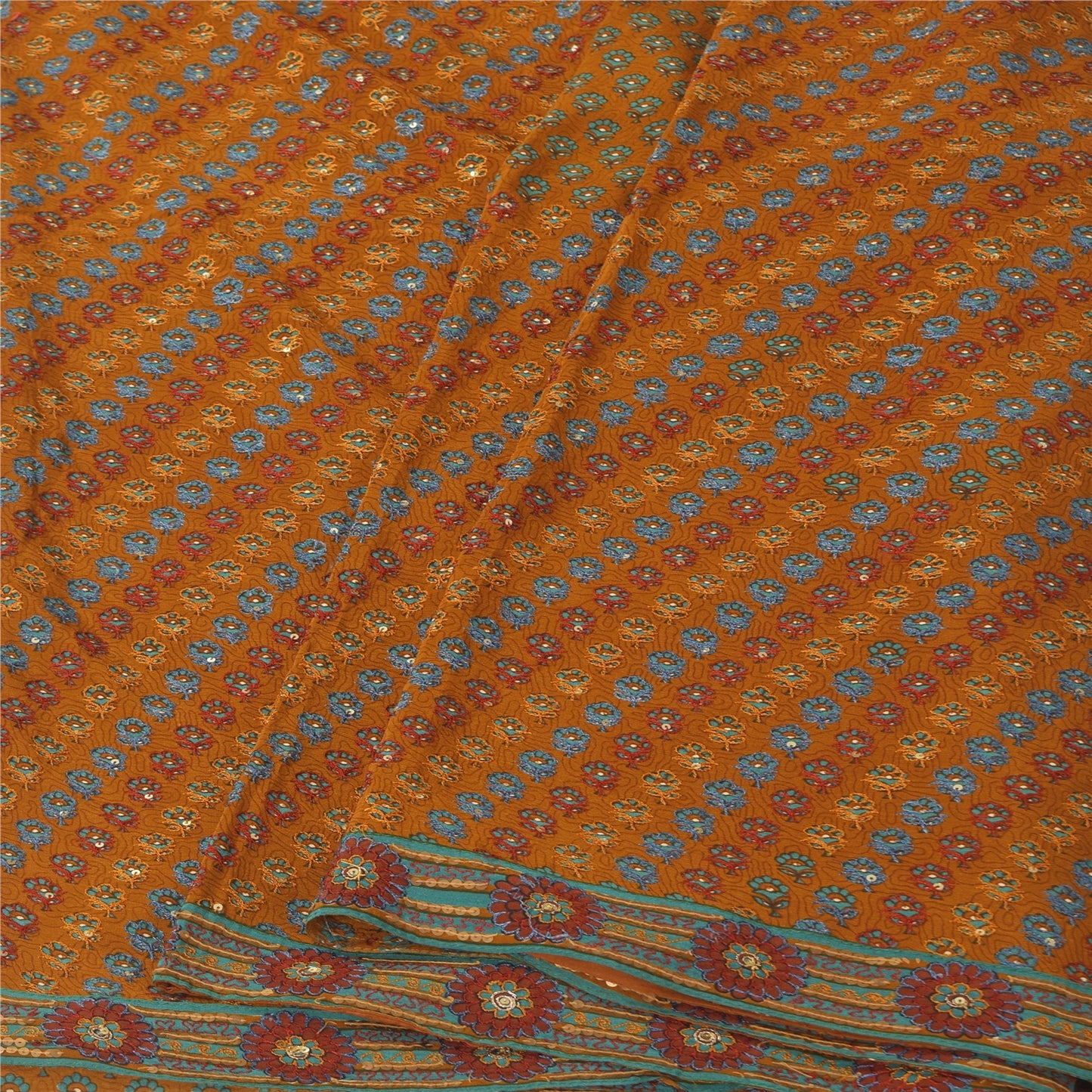 Санскритские винтажные желтые сари из чистого крепа с ручной вышивкой, 6 ярдов, ткань для рукоделия, устойчивая к истиранию